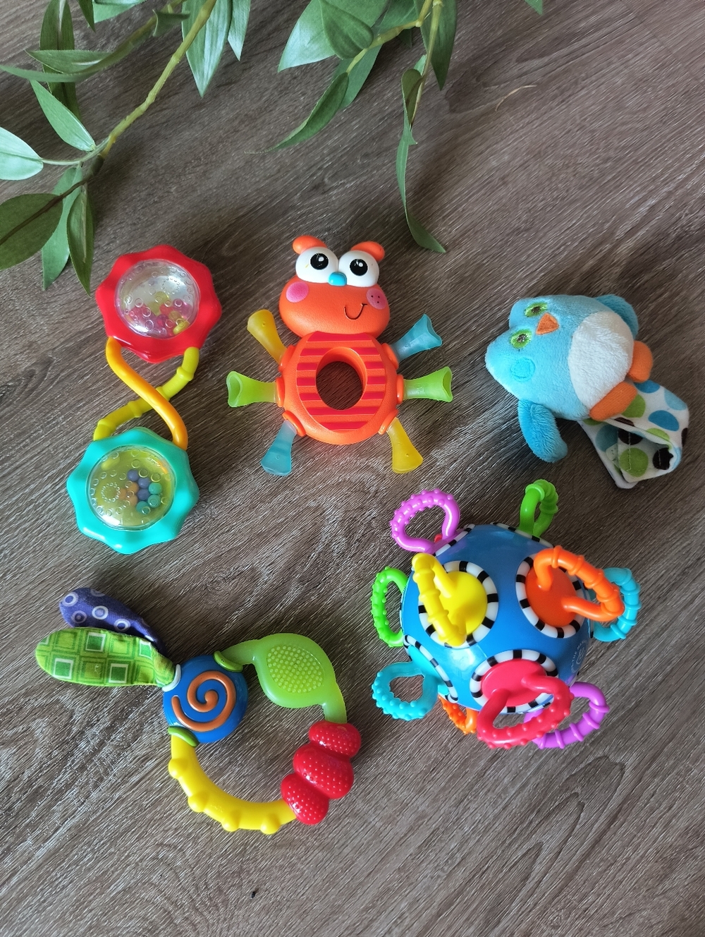 Colorful Baby Sensory Toy Set Lot 5 Rattles, Click Clack Ball, Teether, Owl Plus